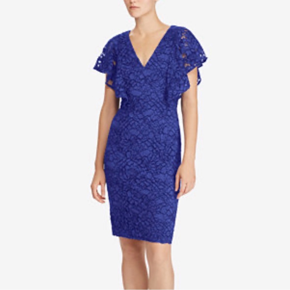 Flutter Sleeves Cobalt Blue Lace Midi Dress by Ralph Lauren